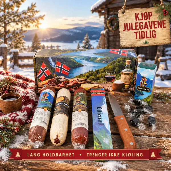 Hovedbilde Trollpølsepakke med tre pølser, snacks og kniv